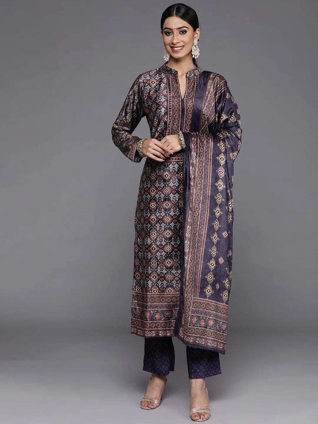 Multicoloured Printed Velvet Straight Suit Set With Trousers - Jashvi