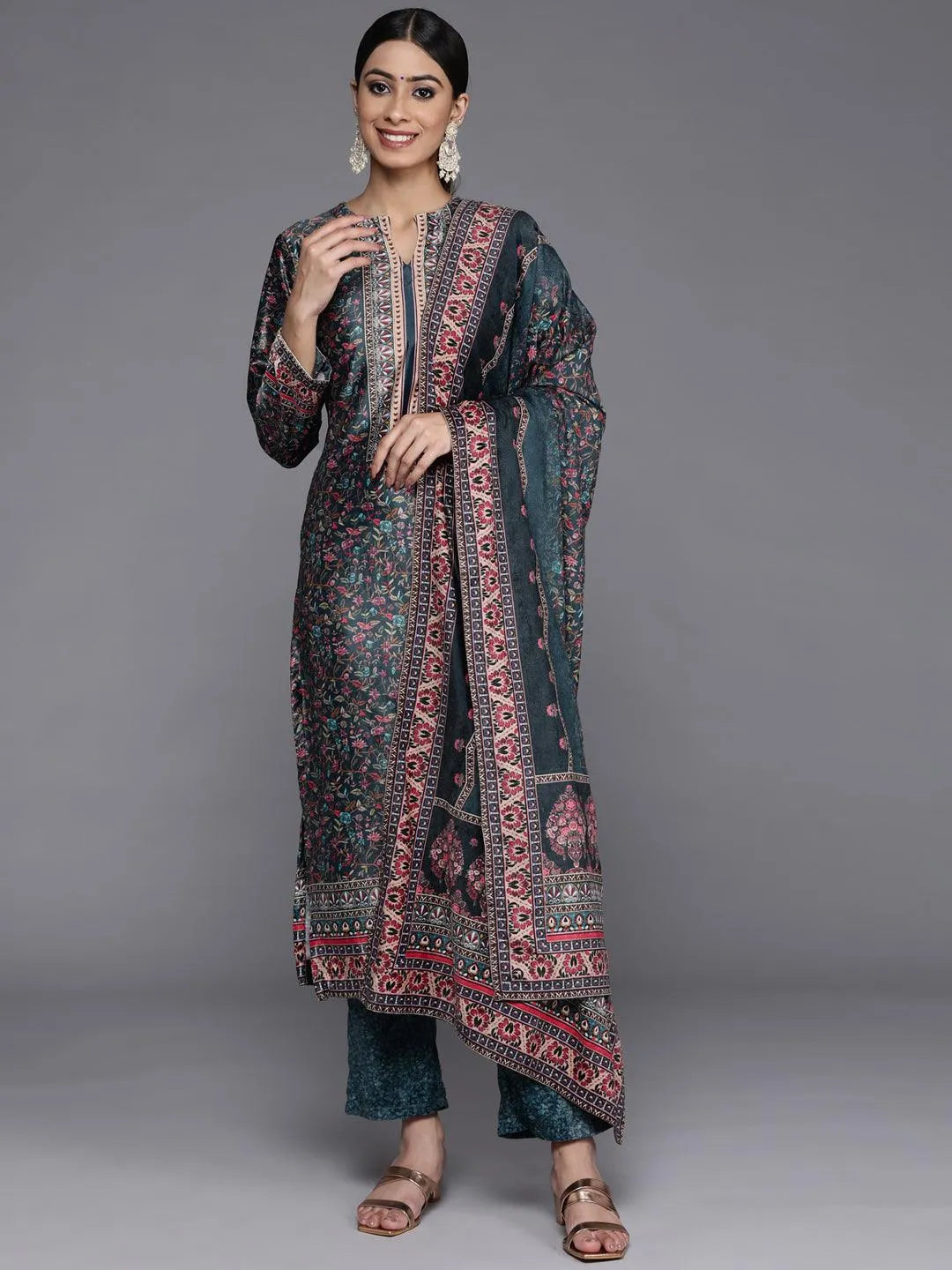 Multicoloured Printed Velvet Straight Suit Set With Trousers - Jashvi