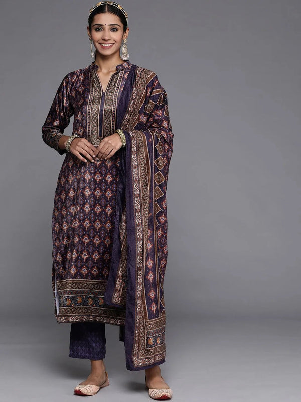 Multicoloured Printed Velvet Straight Suit Set With Trousers - Jashvi