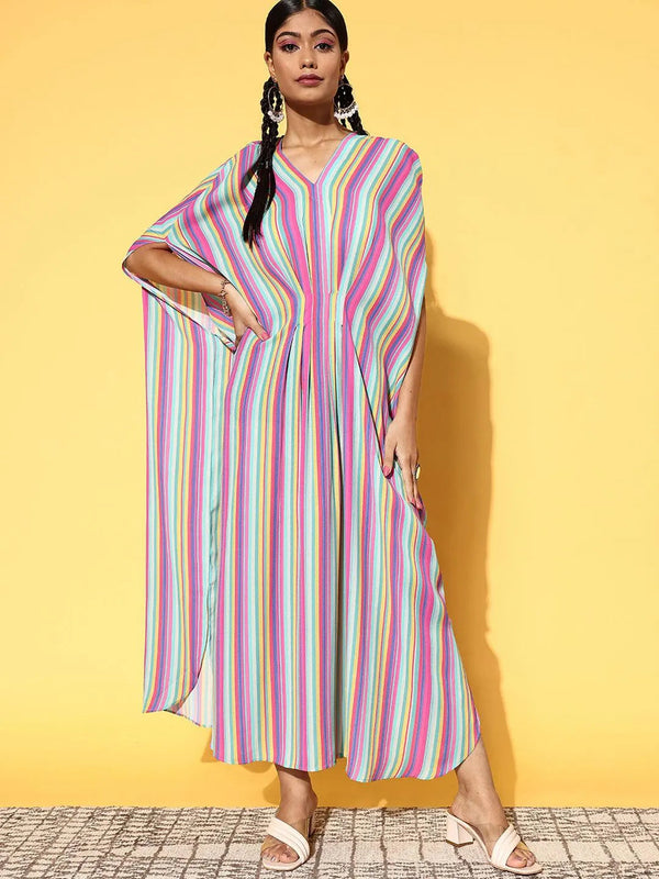 Multicoloured Striped Georgette Dress - Jashvi