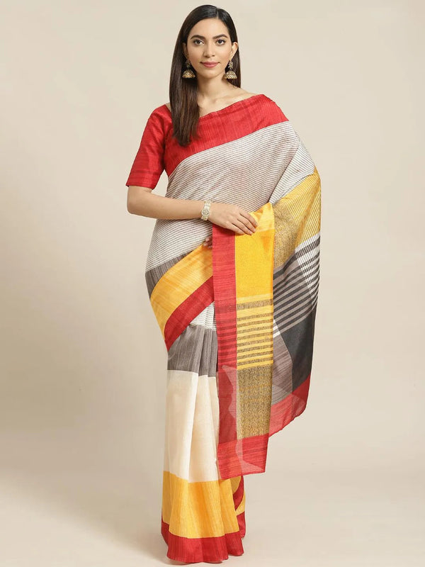 Multicoloured Striped Linen Saree - Jashvi