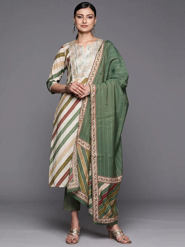 Multicoloured Yoke Design Silk Blend Straight Suit Set With Trousers - Jashvi