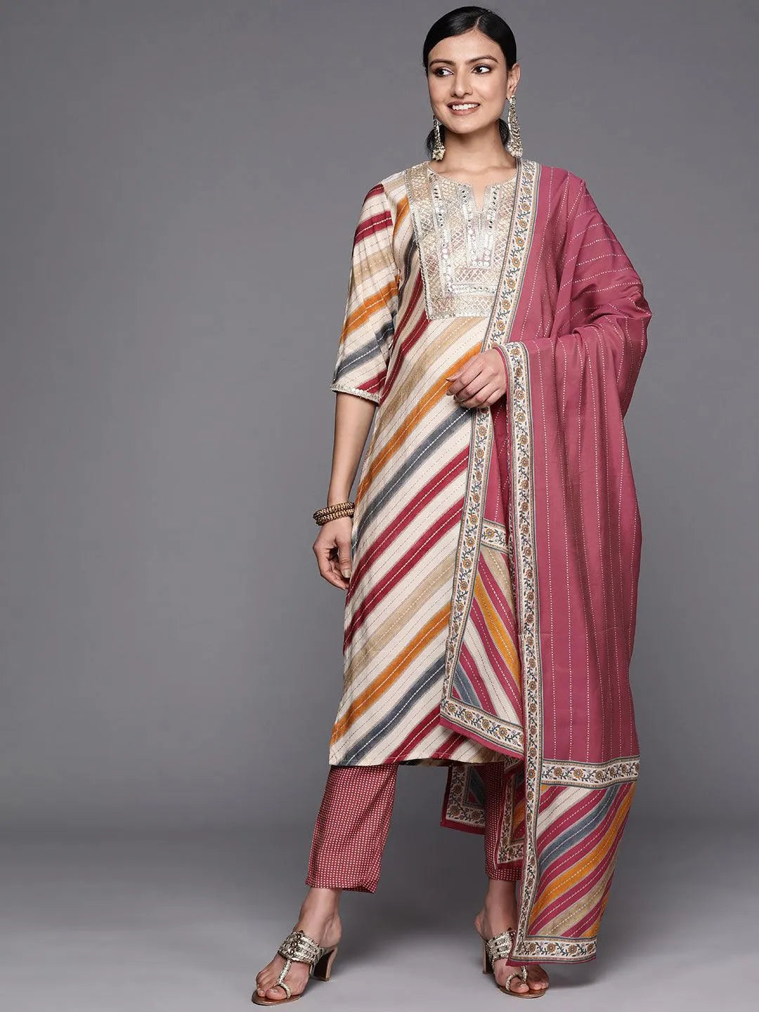 Multicoloured Yoke Design Silk Blend Straight Suit Set With Trousers - Jashvi