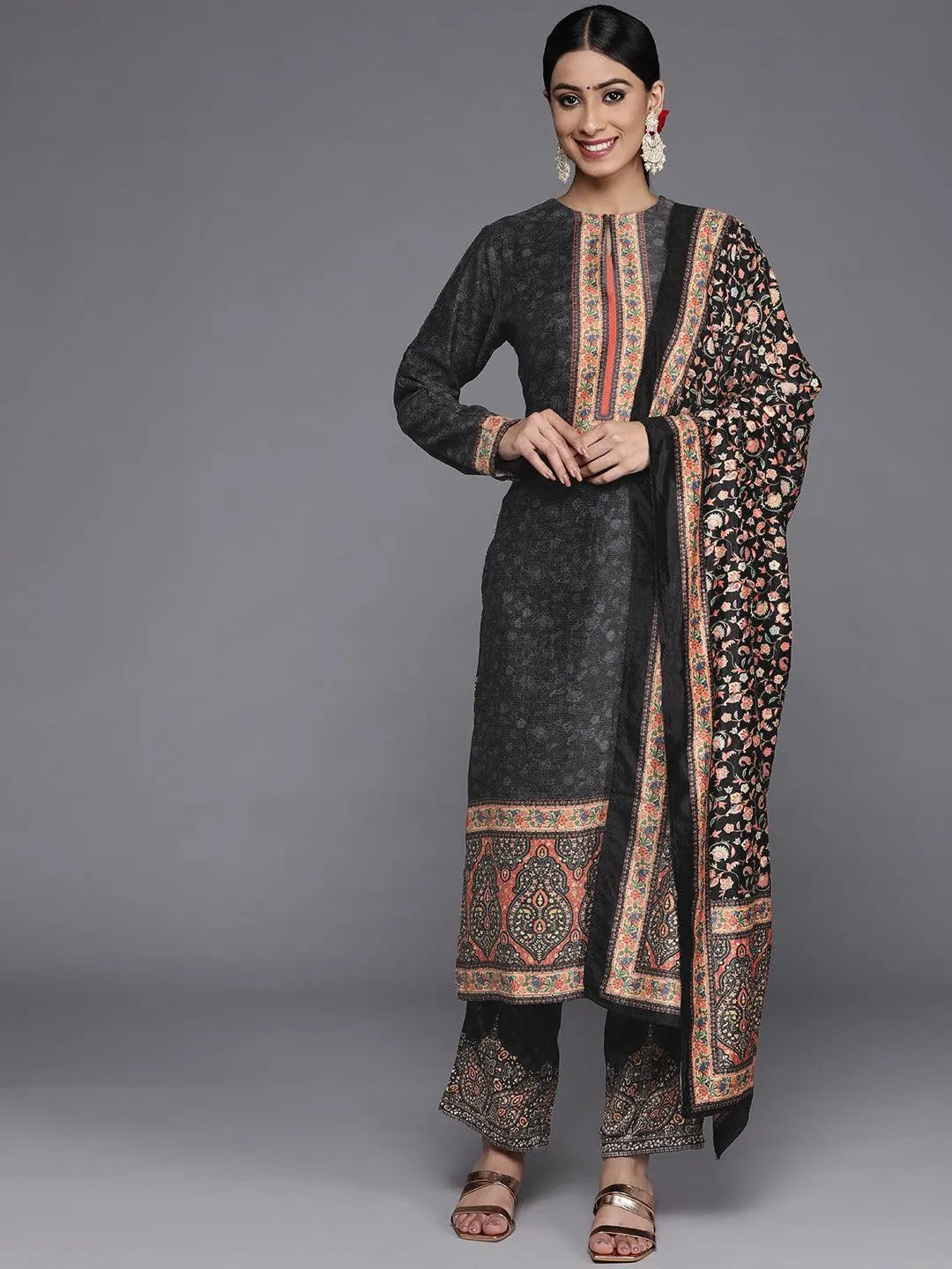 Multicoloured Yoke Design Velvet Straight Suit Set With Trousers - Jashvi