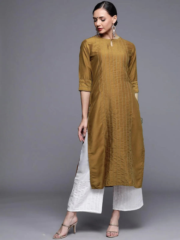 Mustard Brown Solid Chanderi Silk Straight Kurta - Jashvi