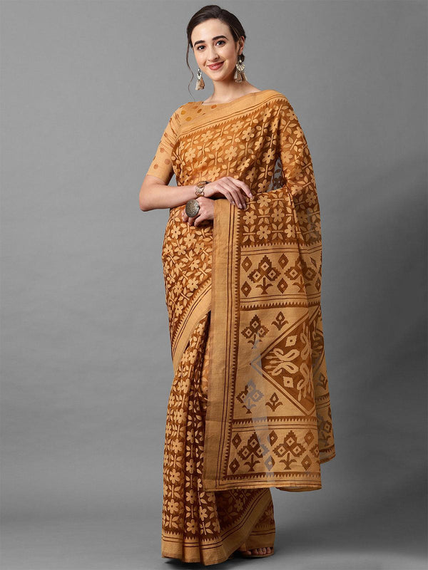 Women's Mustard Casual Brasso Printed Saree With Unstitched Blouse - Odette