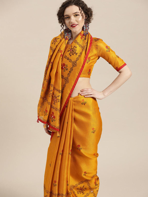 Women's Mustard Casual Jute Silk Printed Saree With Unstitched Blouse - Odette