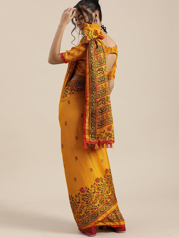 Women's Mustard Casual Jute Silk Printed Saree With Unstitched Blouse - Odette