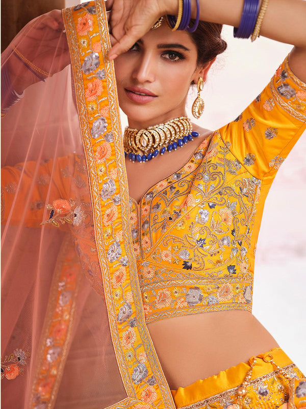 Women's Mustard Color Crepe Based Heavy Designer Lehenga - Odette