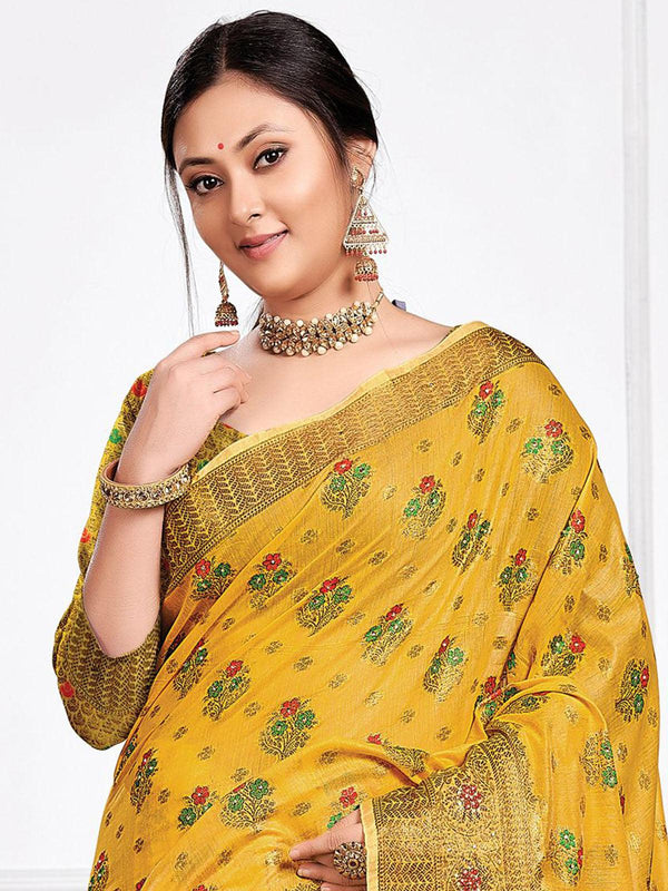 Women's Mustard Cotton Heavy Jari Wevon Designer Stone Saree - Odette