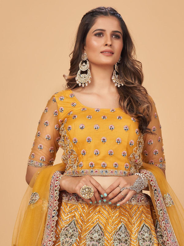 Women's Mustard Designer Floral Embroidered Lehenga Set - Odette