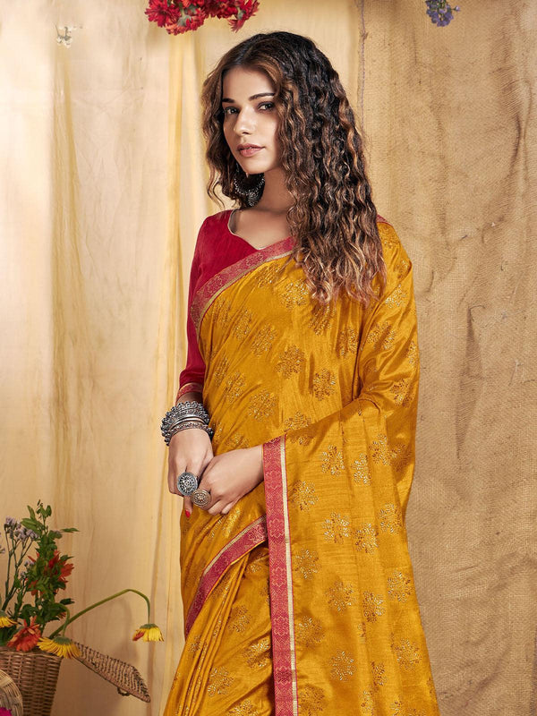 Women's Mustard Designer Foil Printed Saree - Odette