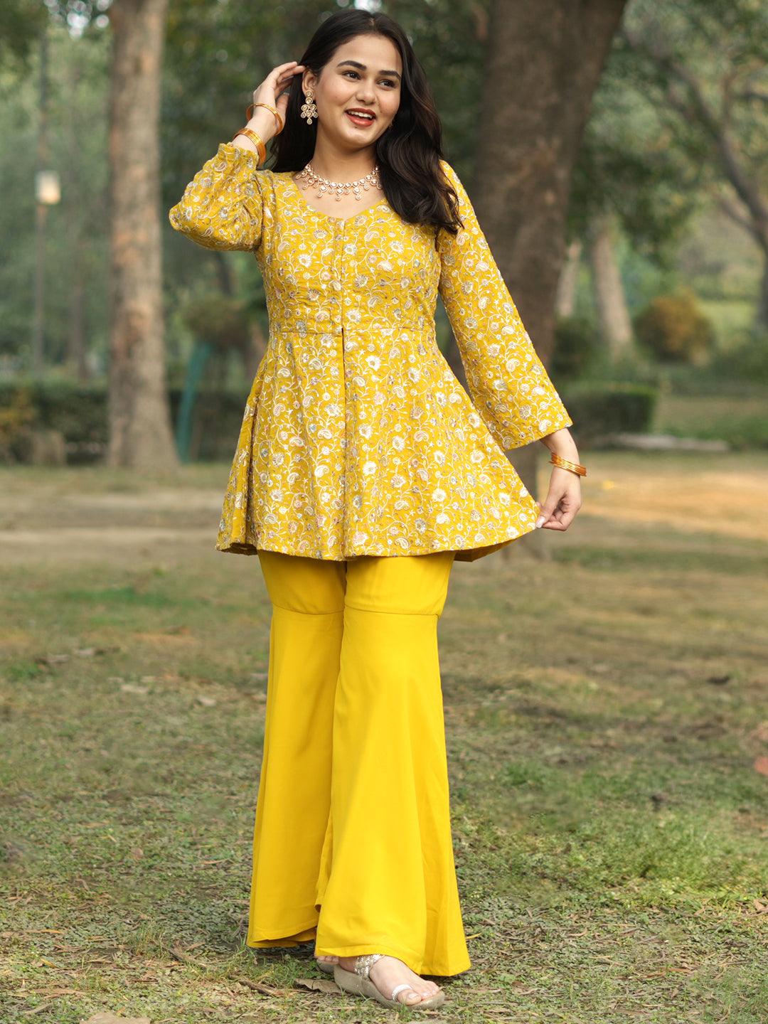 Mustard Embellished Georgette Tunic With Sharara - Jashvi