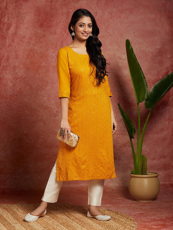 Mustard Embellished Rayon Straight Kurta - Jashvi