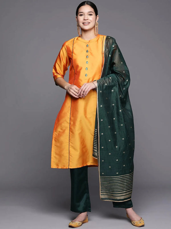 Mustard Embroidered Art Silk Straight Suit Set With Trousers - Jashvi