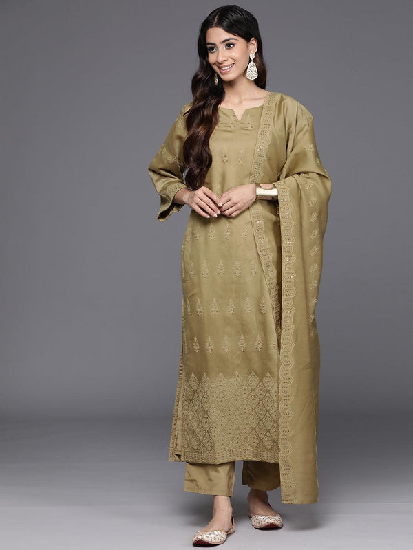 Mustard Embroidered Chanderi Silk Straight Kurta With Trousers & Dupatta - Jashvi