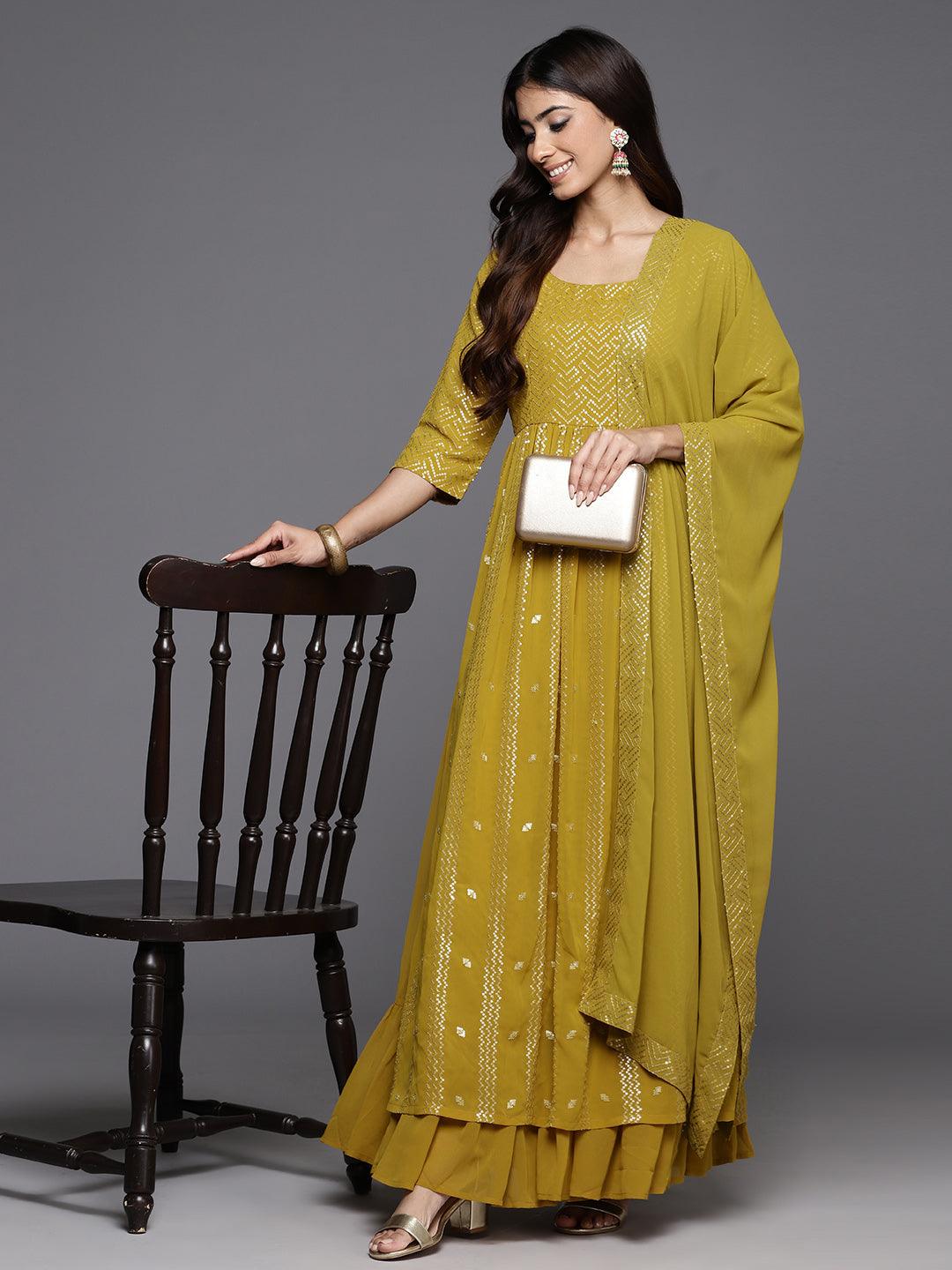 Mustard Embroidered Georgette A-Line Kurta With Palazzos & Dupatta - Jashvi