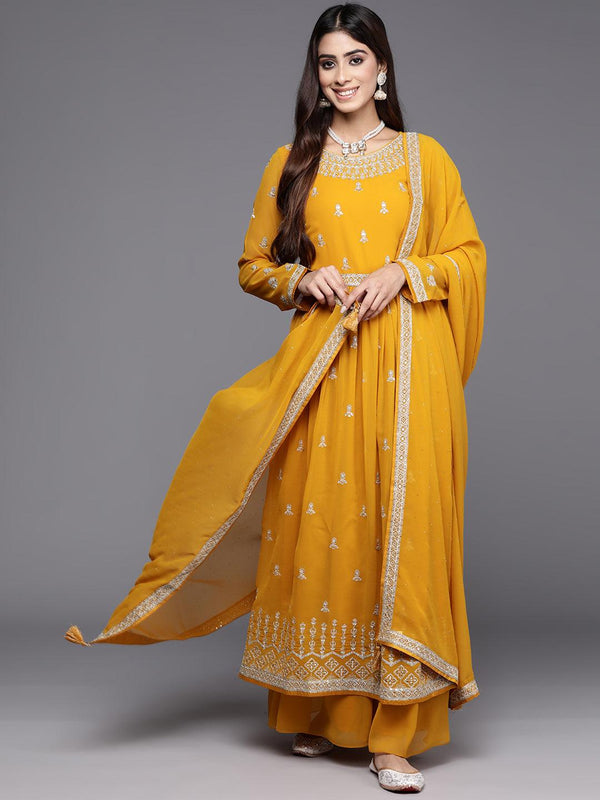 Mustard Embroidered Georgette A-Line Kurta With Palazzos & Dupatta - Jashvi