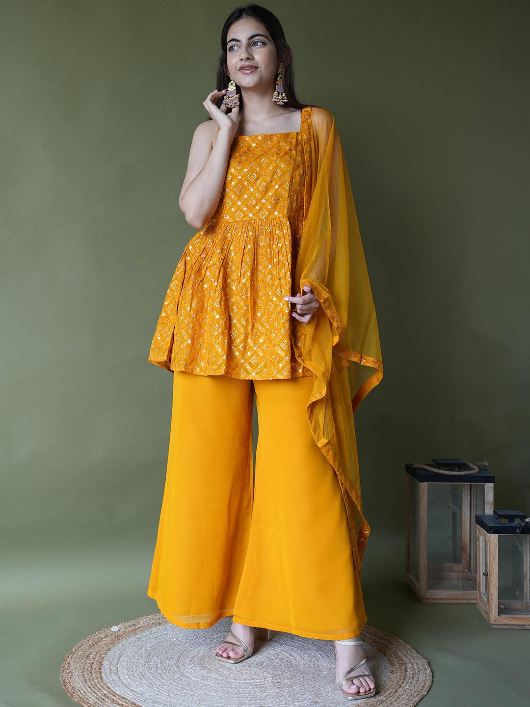 Mustard Embroidered Georgette A-Line Kurti With Palazzos & Dupatta - Jashvi