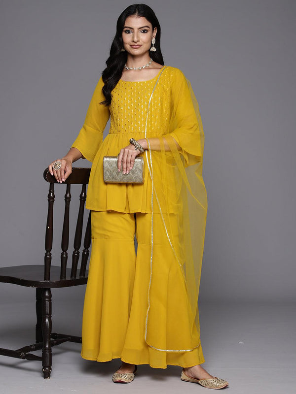 Mustard Embroidered Georgette A-Line Kurti With Sharara & Dupatta - Jashvi