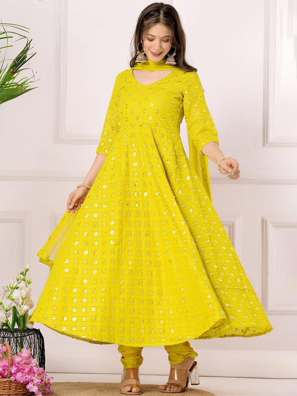 Mustard Embroidered Georgette Anarkali Kurta With Churidar & Dupatta - Jashvi