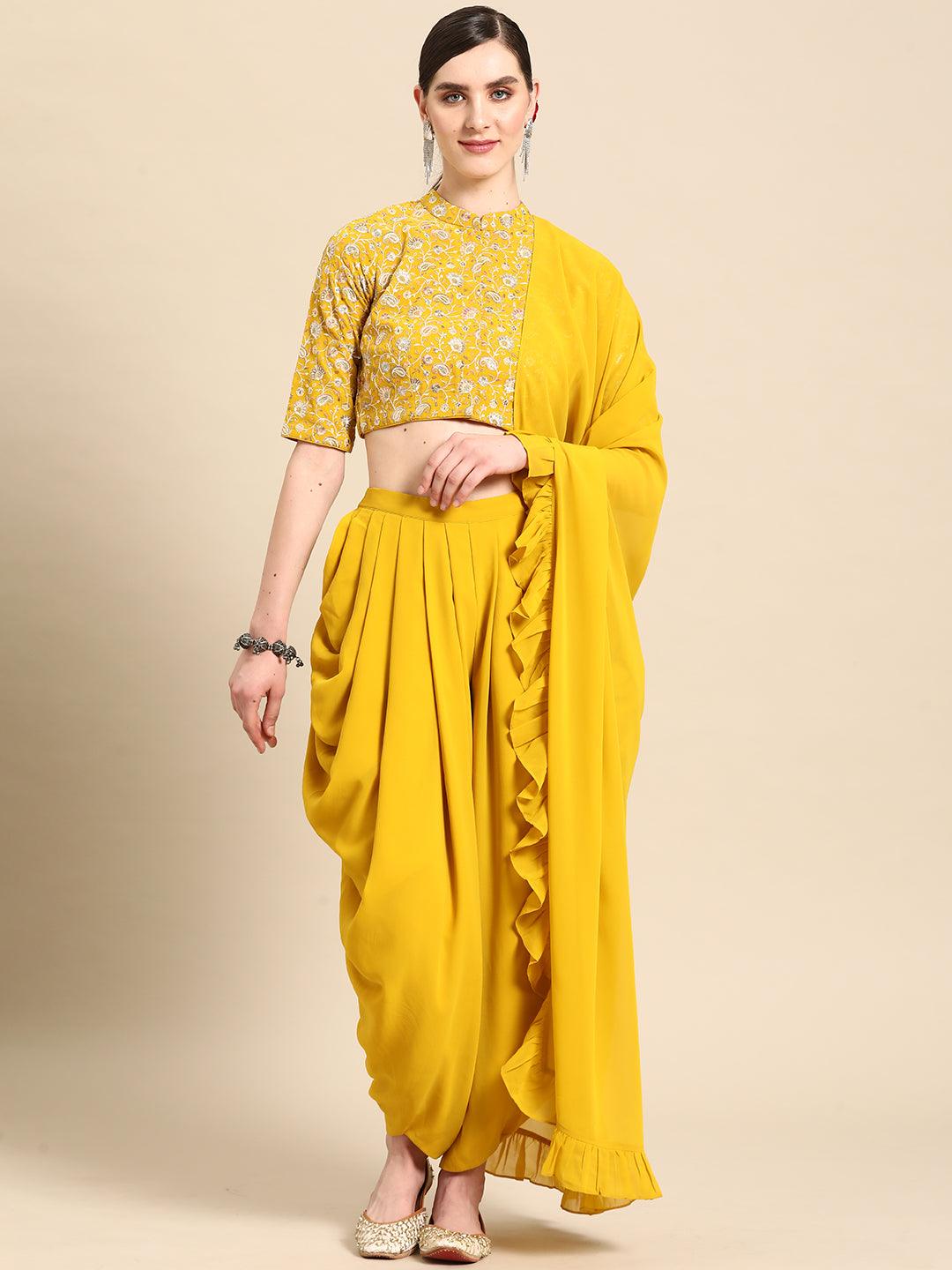 Mustard Embroidered Georgette Dhoti Saree - Jashvi