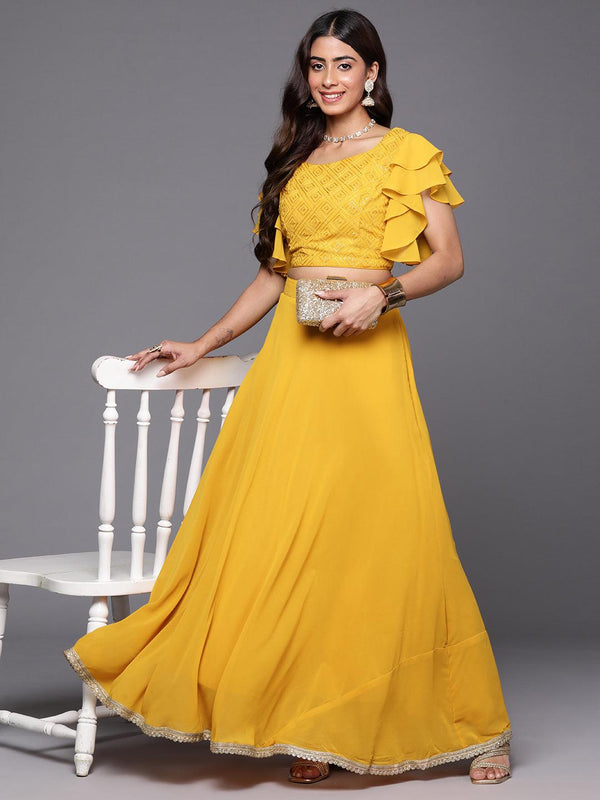 Mustard Embroidered Georgette Lehenga - Jashvi