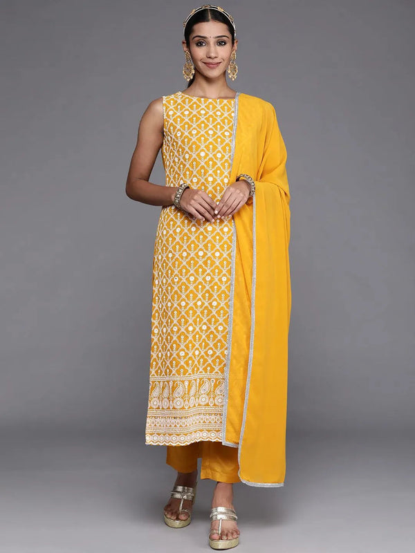 Mustard Embroidered Georgette Straight Suit Set With Trousers - Jashvi