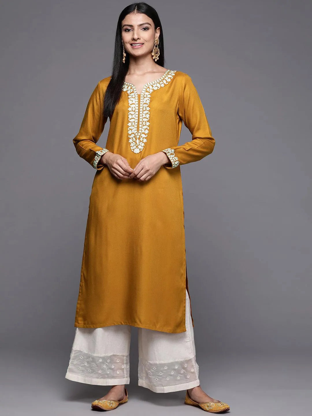 Mustard Embroidered Pashmina Wool Straight Kurta - Jashvi