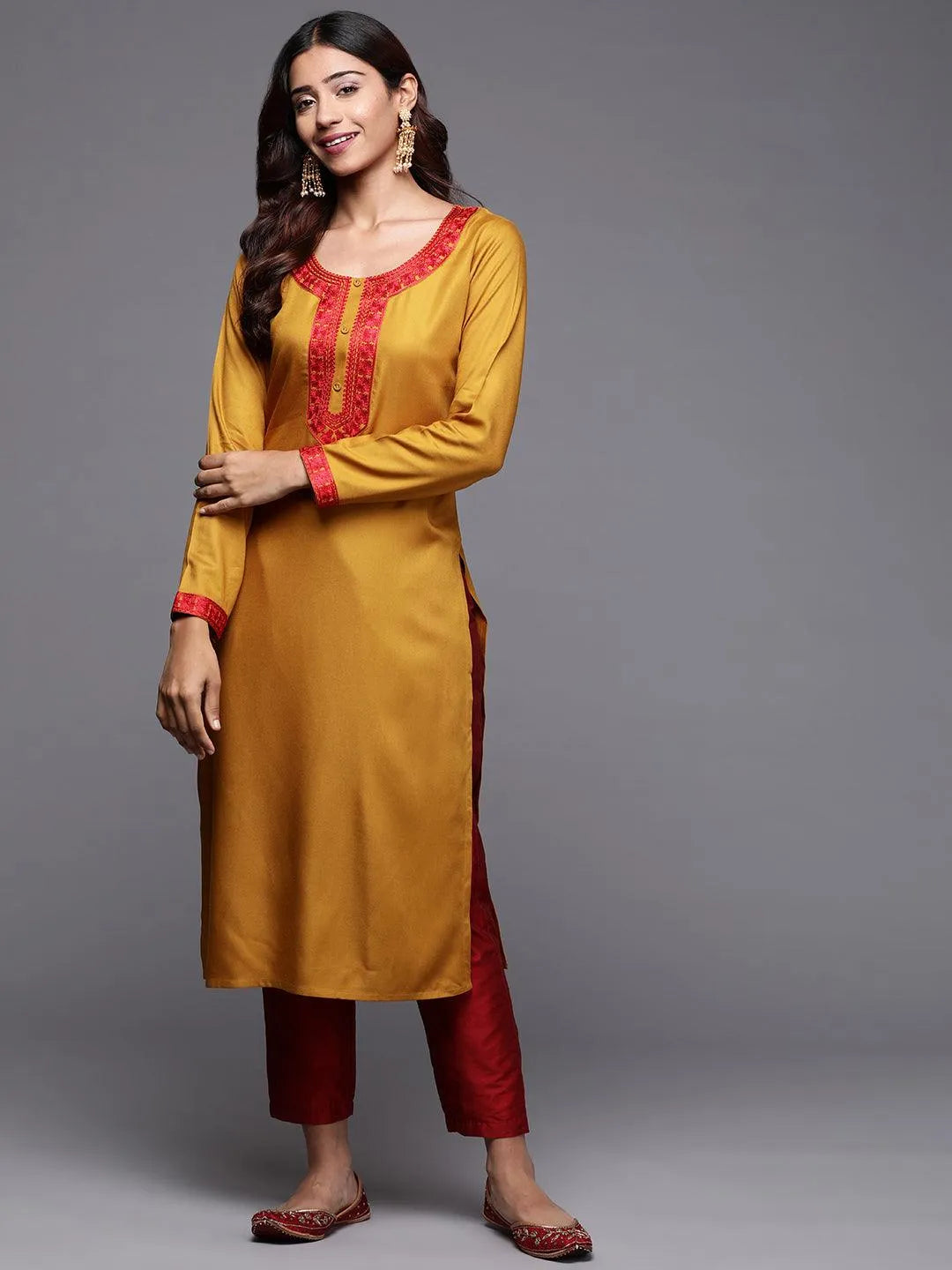 Mustard Embroidered Pashmina Wool Straight Kurta - Jashvi