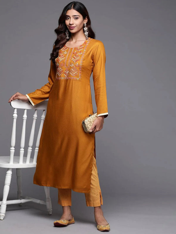 Mustard Embroidered Pashmina Wool Straight Kurta - Jashvi