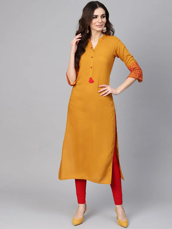 Mustard Embroidered Rayon Kurta - Jashvi