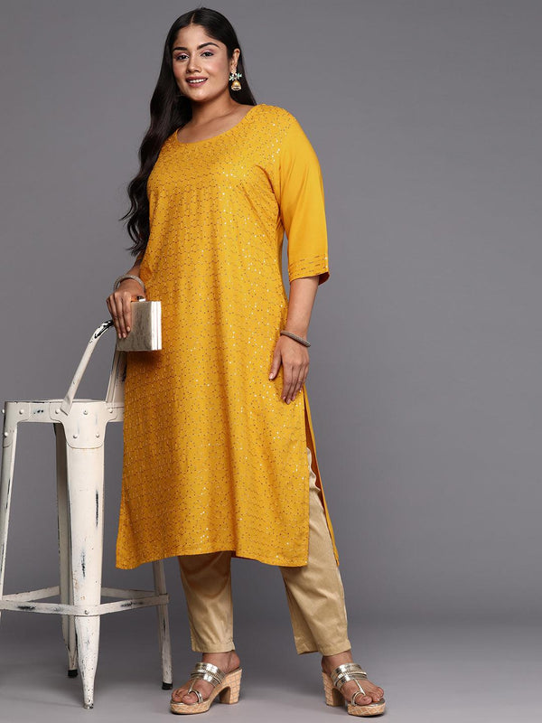 Mustard Embroidered Rayon Straight Kurta - Jashvi