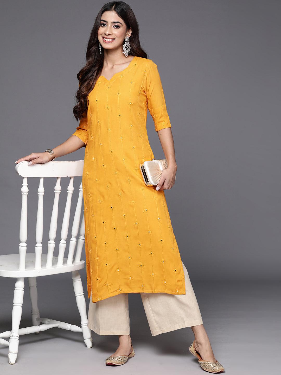 Mustard Embroidered Rayon Straight Kurta - Jashvi