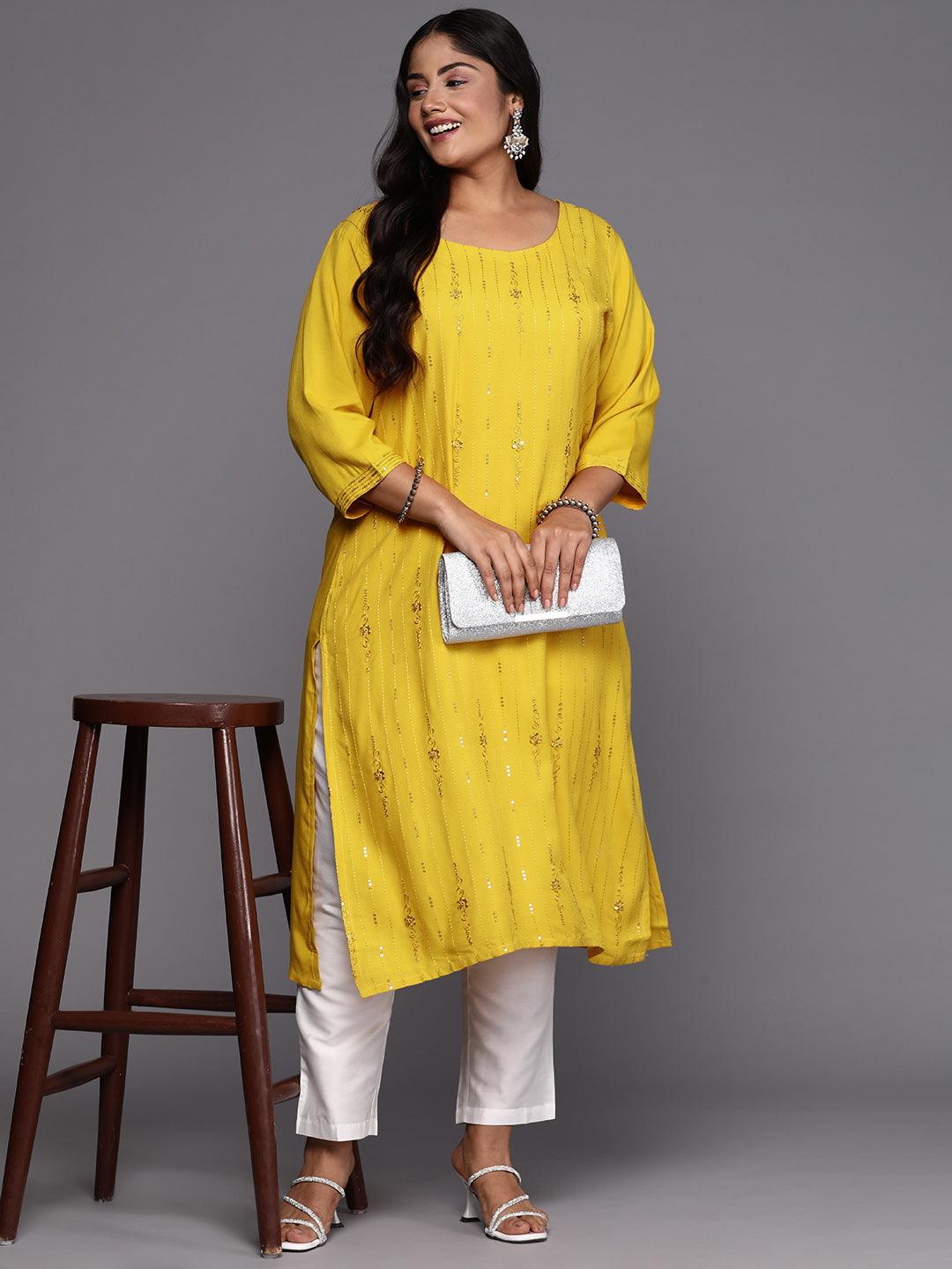 Mustard Embroidered Rayon Straight Kurta - Jashvi