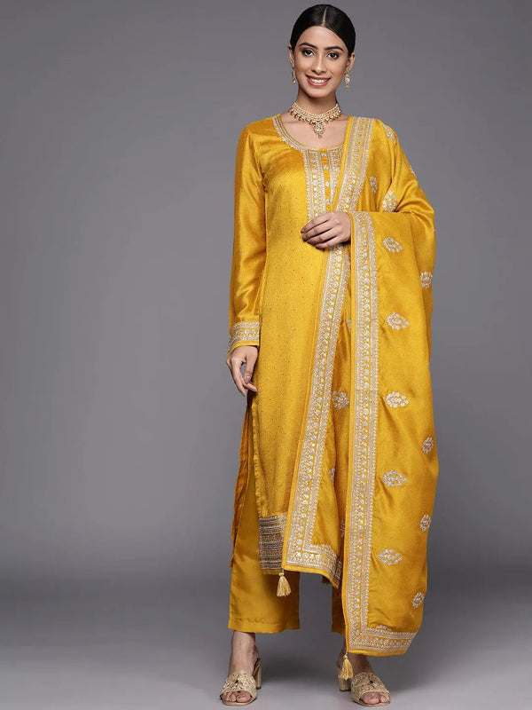 Mustard Embroidered Silk Blend Straight Suit Set - Jashvi