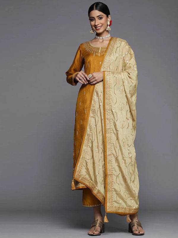 Mustard Embroidered Silk Blend Straight Suit Set - Jashvi