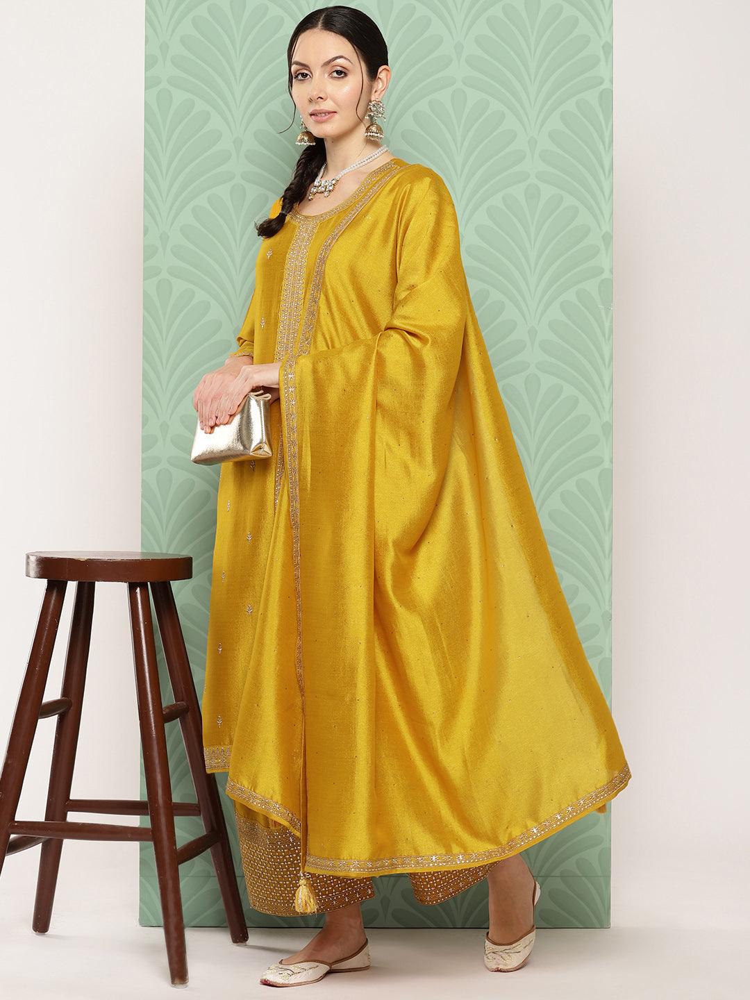 Mustard Embroidered Silk Blend Straight Kurta With Palazzos & Dupatta - Jashvi