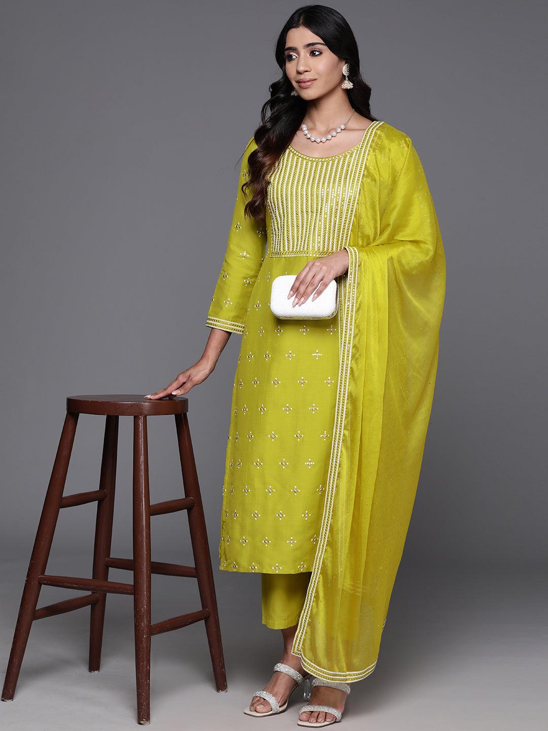 Mustard Embroidered Silk Blend Straight Kurta With Trousers & Dupatta - Jashvi