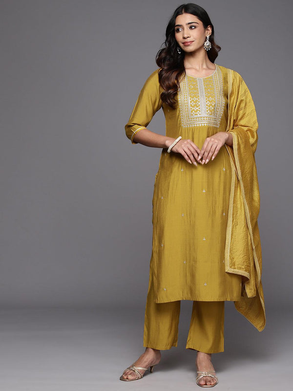 Mustard Embroidered Silk Blend Straight Kurta With Trousers & Dupatta - Jashvi