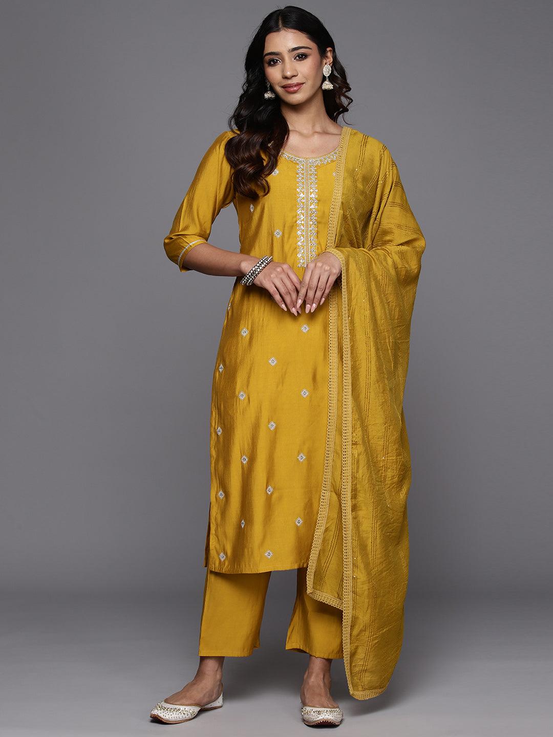 Mustard Embroidered Silk Blend Straight Kurta With Trousers & Dupatta - Jashvi