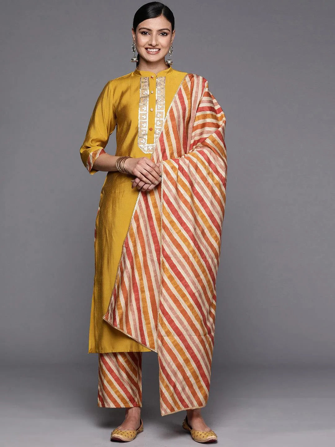 Mustard Embroidered Silk Blend Straight Suit Set With Trousers - Jashvi