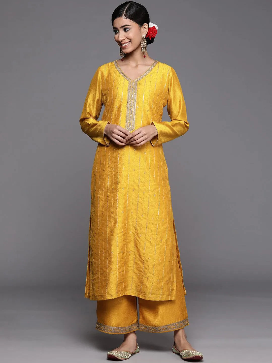 Mustard Embroidered Silk Straight Kurta - Jashvi