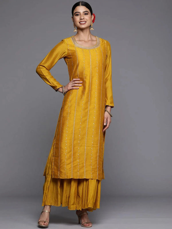 Mustard Embroidered Silk Straight Kurta - Jashvi