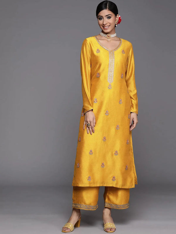 Mustard Embroidered Silk Straight Kurta - Jashvi