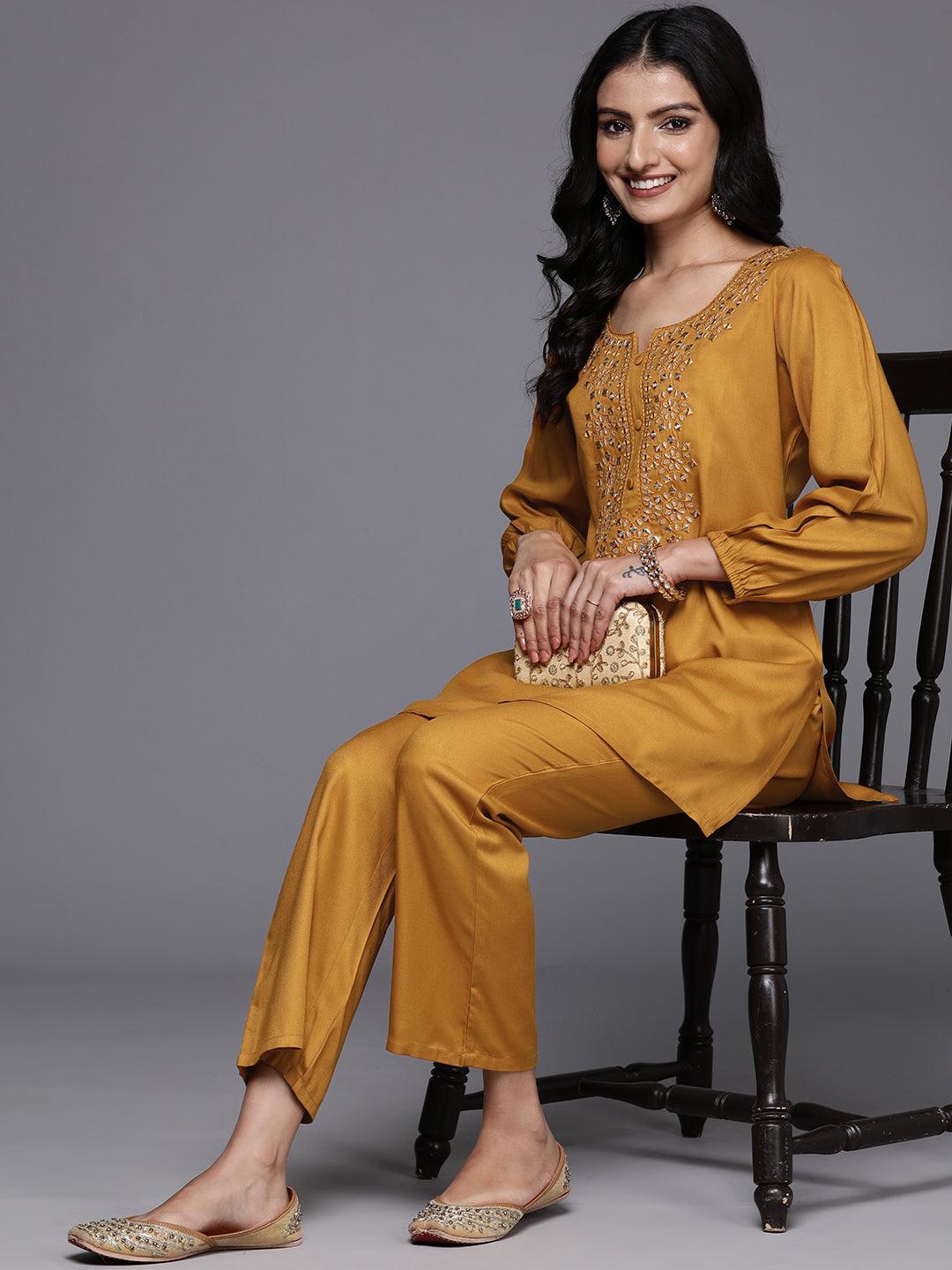 Mustard Embroidered Wool Blend Tunic With Trousers - Jashvi