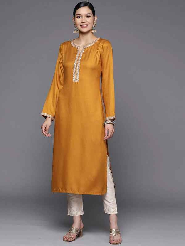 Mustard Embroidered Wool Straight Kurta - Jashvi