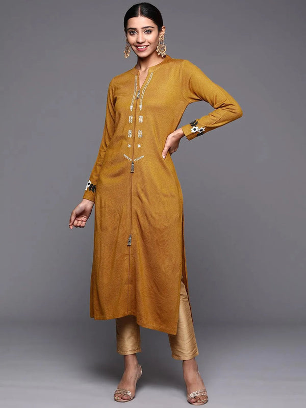 Mustard Embroidered Wool Straight Kurta - Jashvi