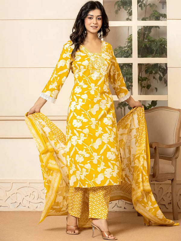 Mustard Embroidery Cotton Straight Kurta Dupatta Set