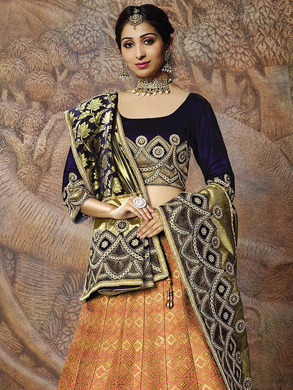 Women's Mustard Jacquard Weaved Silk Designer Lehenga Choli - Odette